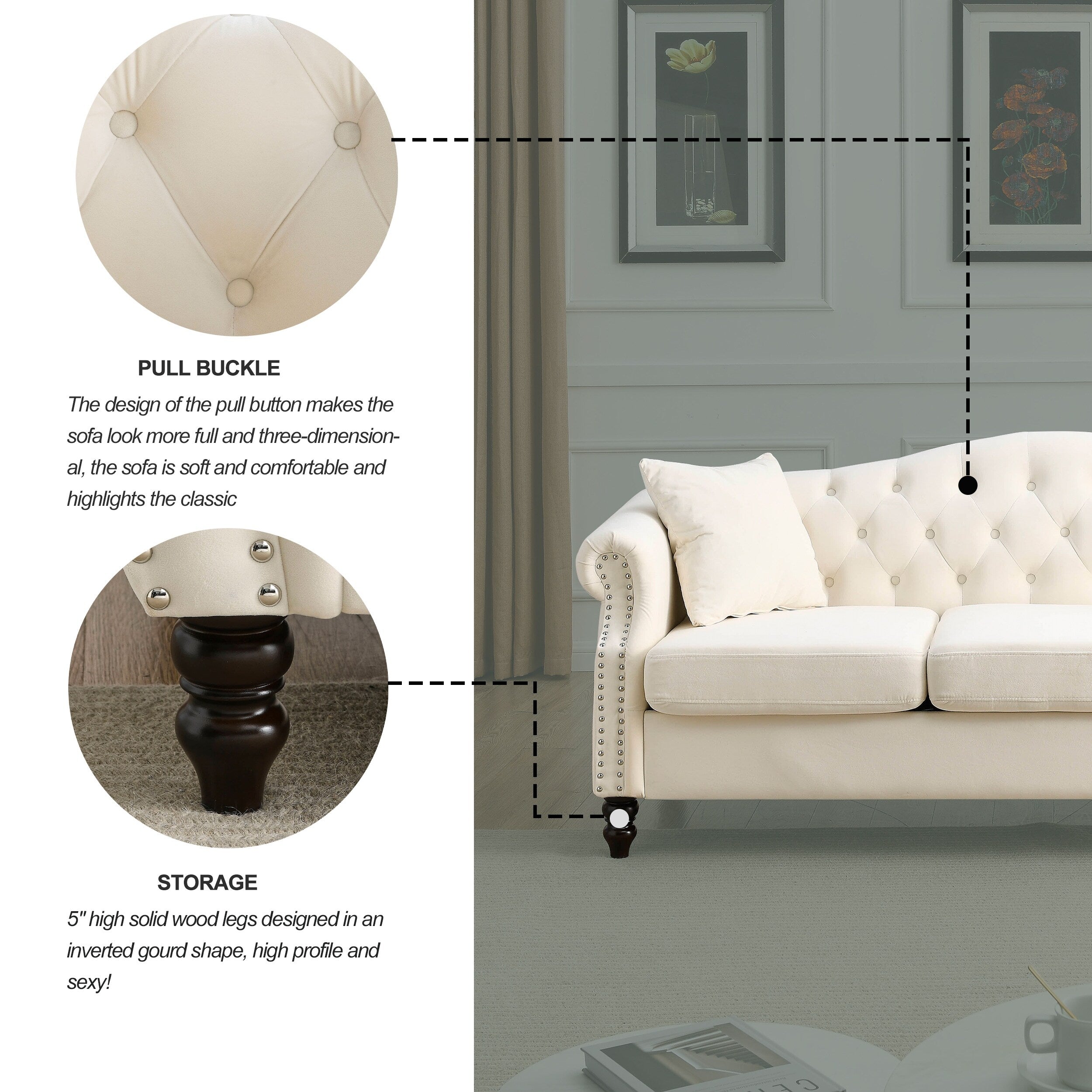 Canapé Chesterfield 3 places rembourré et capitonné avec accoudoirs roulés et clous décoratifs