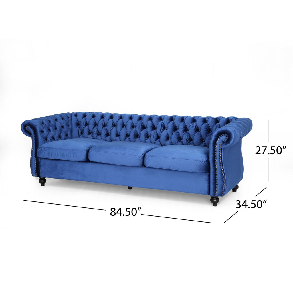 Canapé Chesterfield 3 places capitonné à boutons 84,75 avec clous et pieds en bois pour le salon