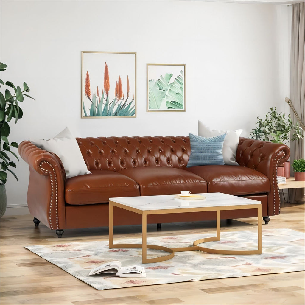 Canapé Chesterfield 3 places capitonné à boutons 84,75 avec clous et pieds en bois pour le salon