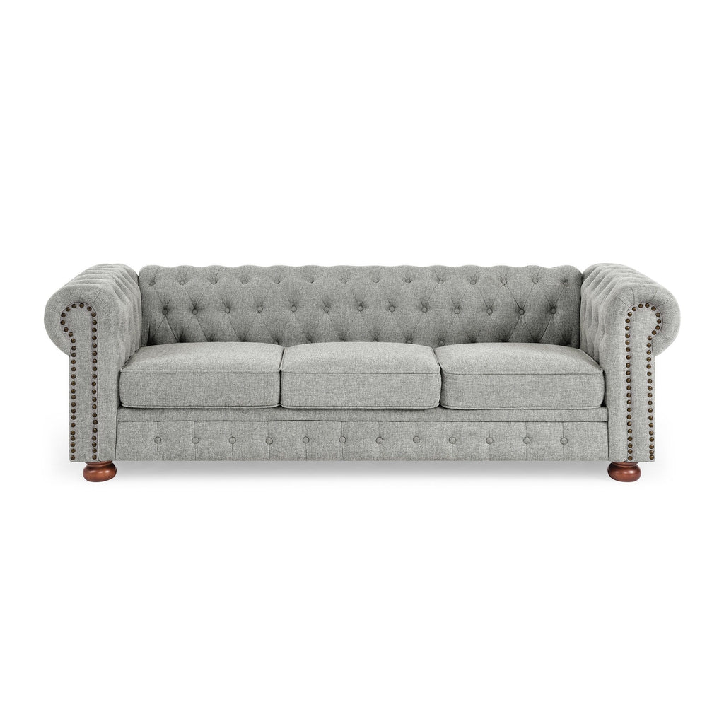 Canapé Chesterfield capitonné 3 places en PU avec accoudoirs à volutes et décoration cloutée