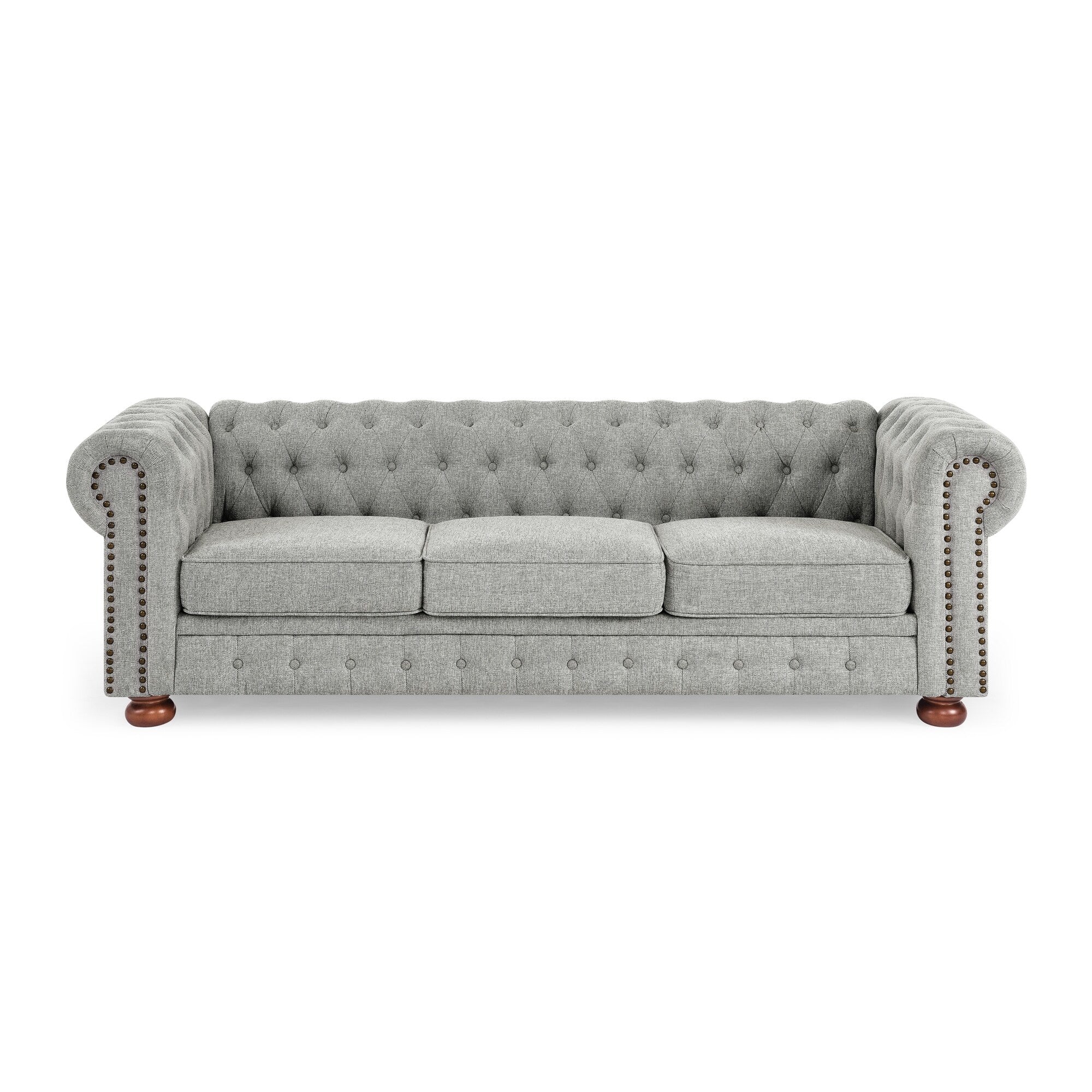 Canapé Chesterfield capitonné 3 places en PU avec accoudoirs à volutes et décoration cloutée