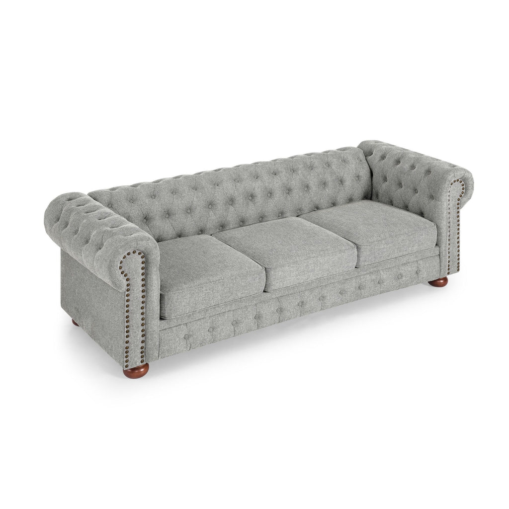 Canapé Chesterfield capitonné 3 places en PU avec accoudoirs à volutes et décoration cloutée