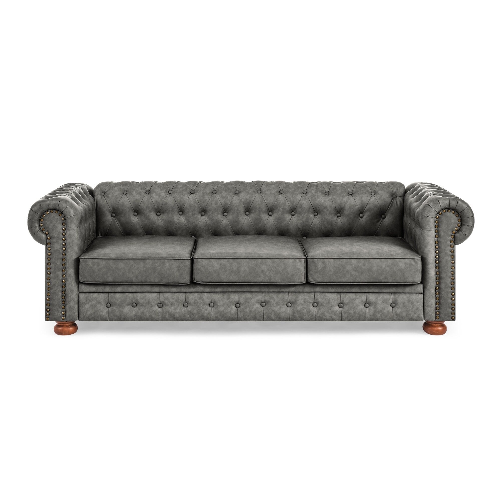 Canapé Chesterfield capitonné 3 places en PU avec accoudoirs à volutes et décoration cloutée