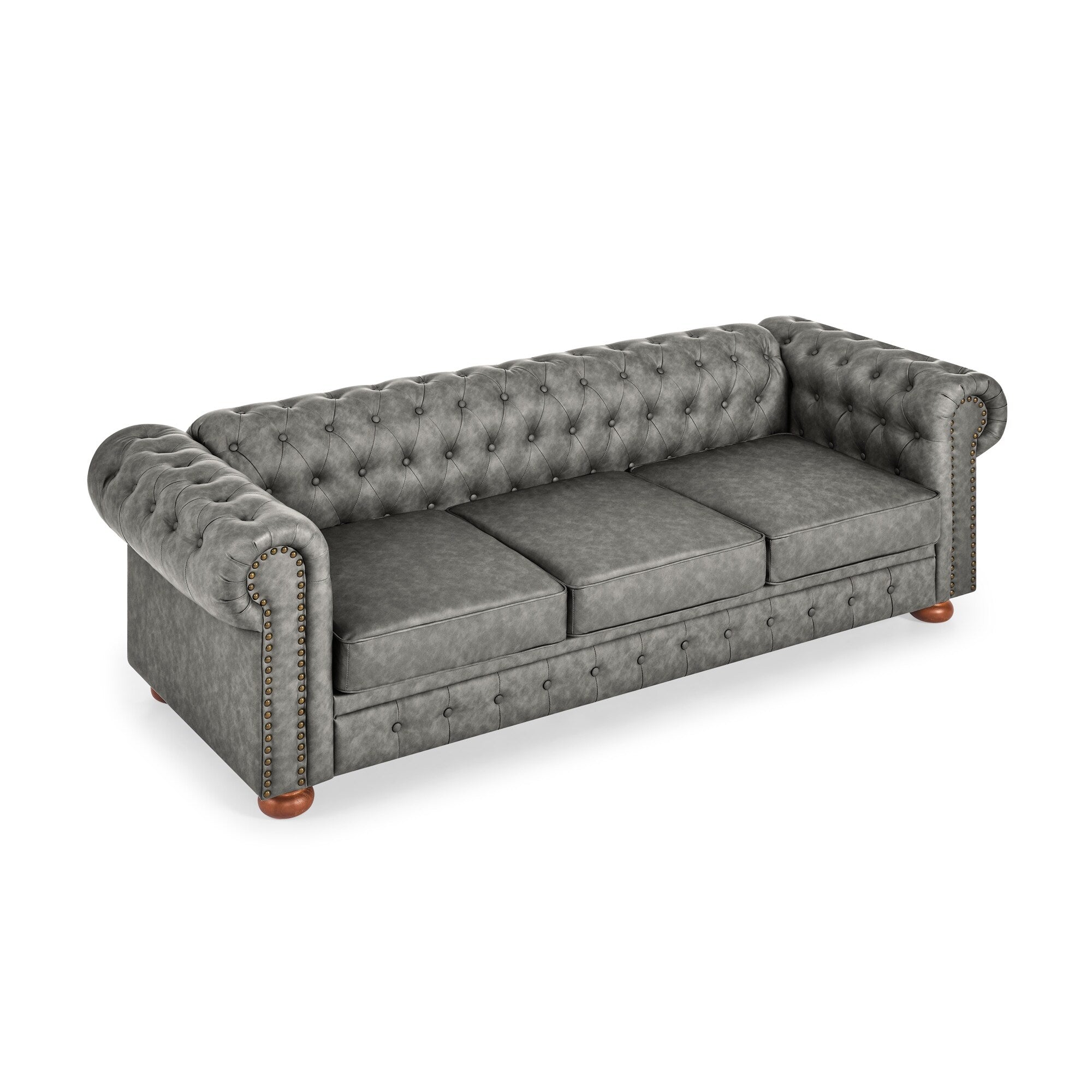 Canapé Chesterfield capitonné 3 places en PU avec accoudoirs à volutes et décoration cloutée