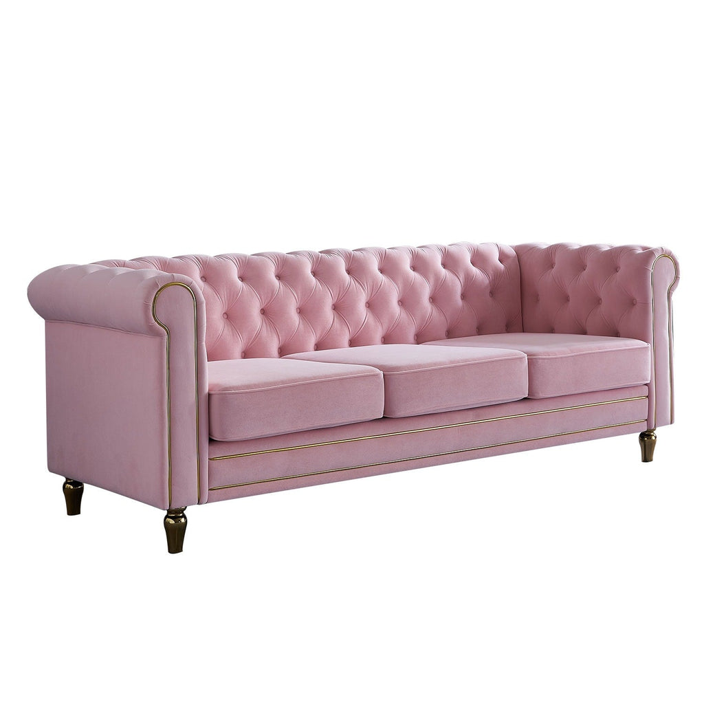 Canapé Chesterfield en velours avec bordure en bande dorée