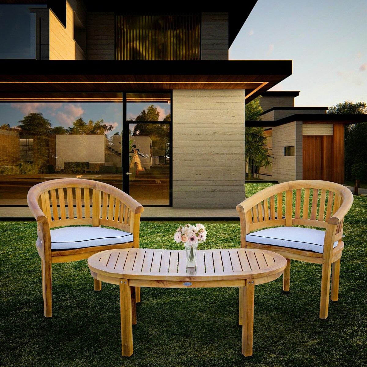 Ensemble de salon de jardin Chic Teak Peanut 3 pièces en teck, 2 chaises et table basse