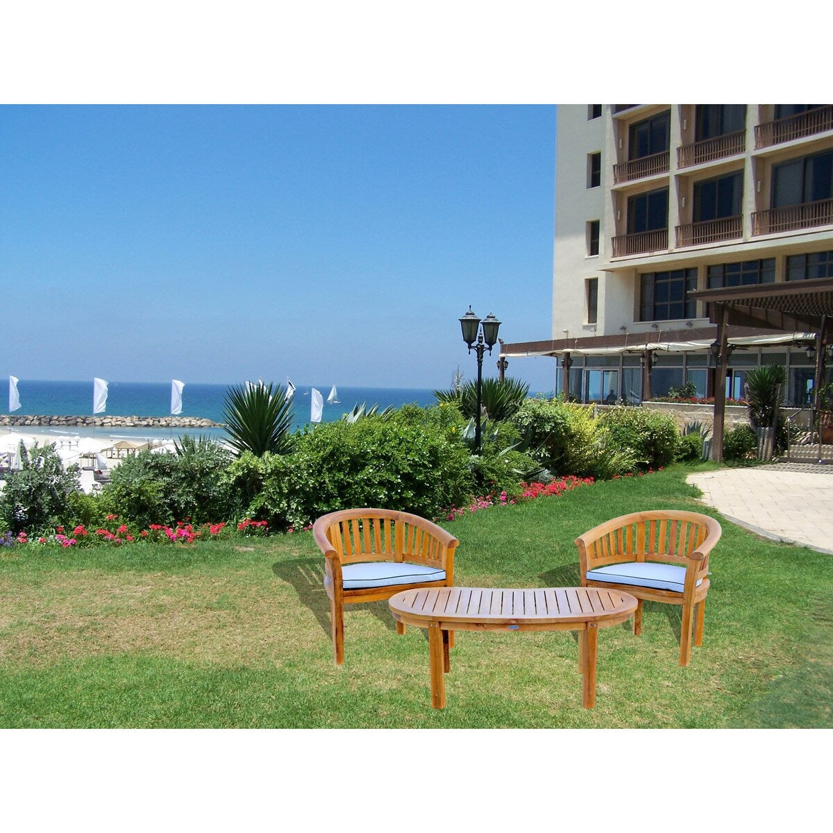 Ensemble de salon de jardin Chic Teak Peanut 3 pièces en teck, 2 chaises et table basse