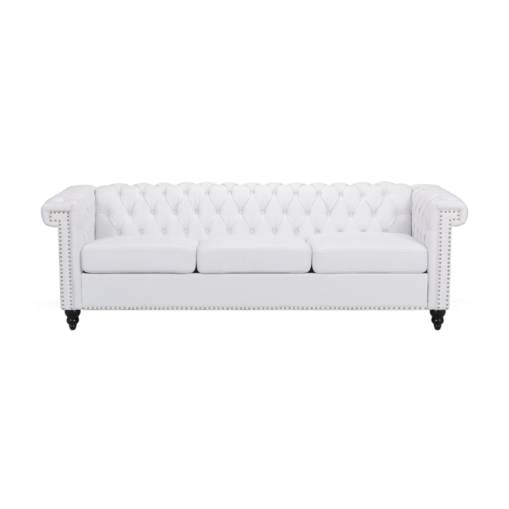 Canapé Chis, Chesterfield profond, capitonné, similicuir blanc, 83 pouces