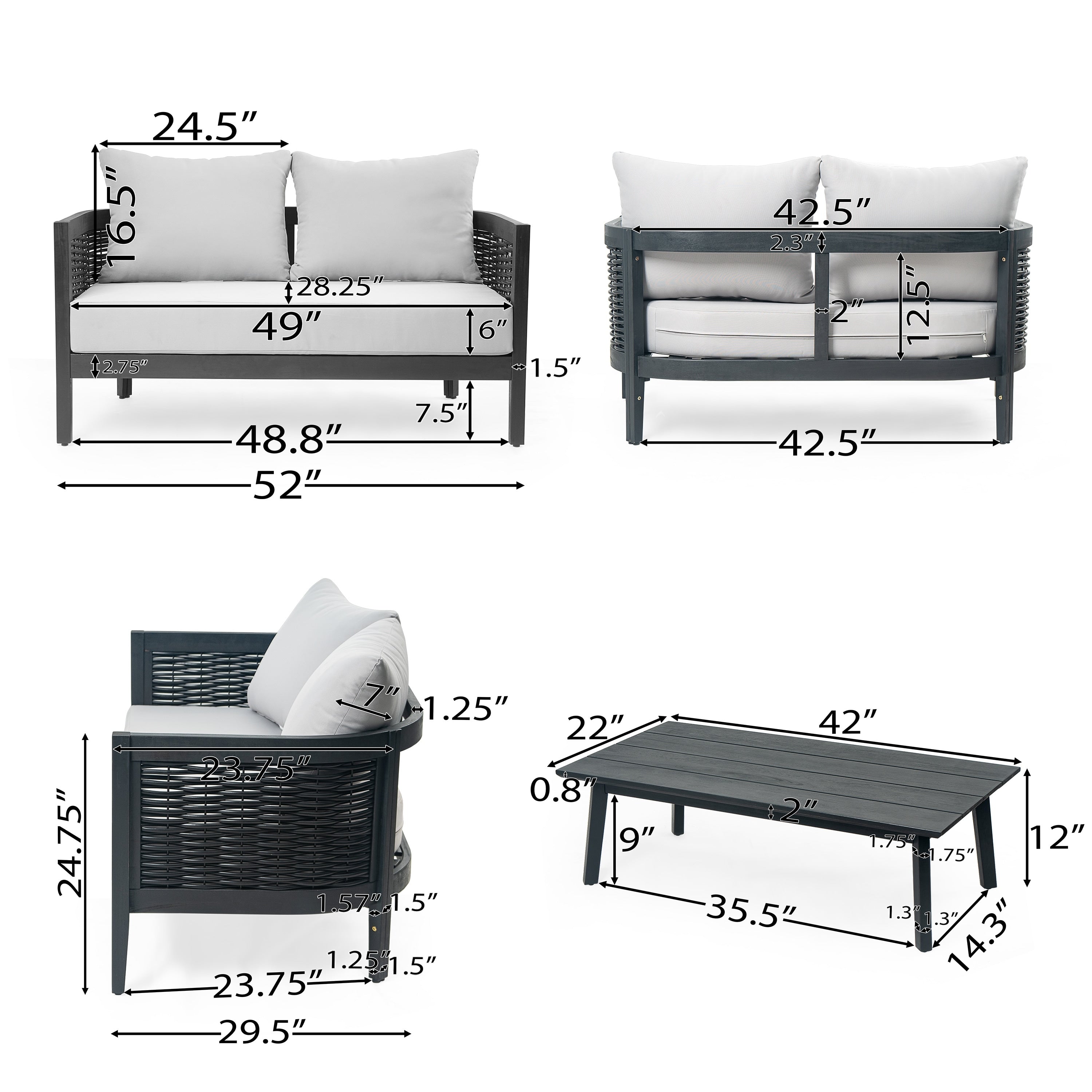 Christopher Knight Home Burchett Ensemble causeuse et table basse d'extérieur en bois d'acacia avec coussins Sunbrella en option