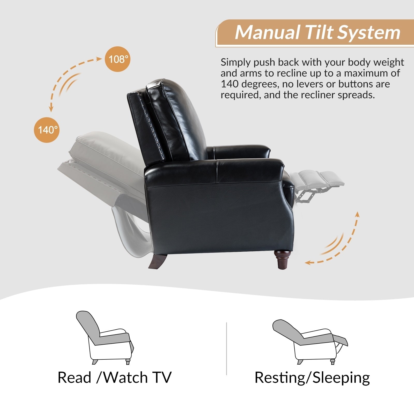 Fauteuil inclinable moderne en cuir véritable de style cigare avec garniture cloutée par HULALA HOME