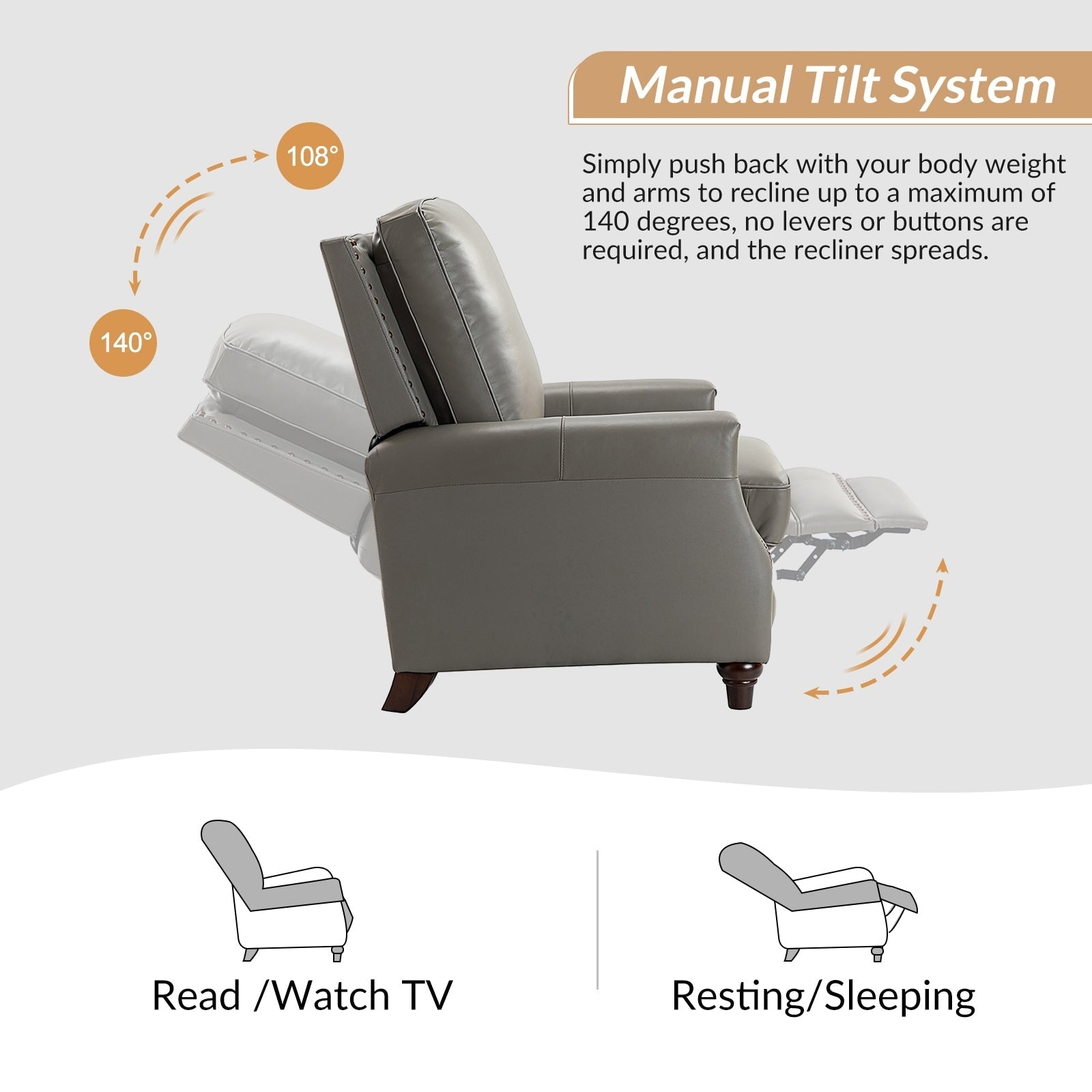 Fauteuil inclinable moderne en cuir véritable de style cigare avec garniture cloutée par HULALA HOME