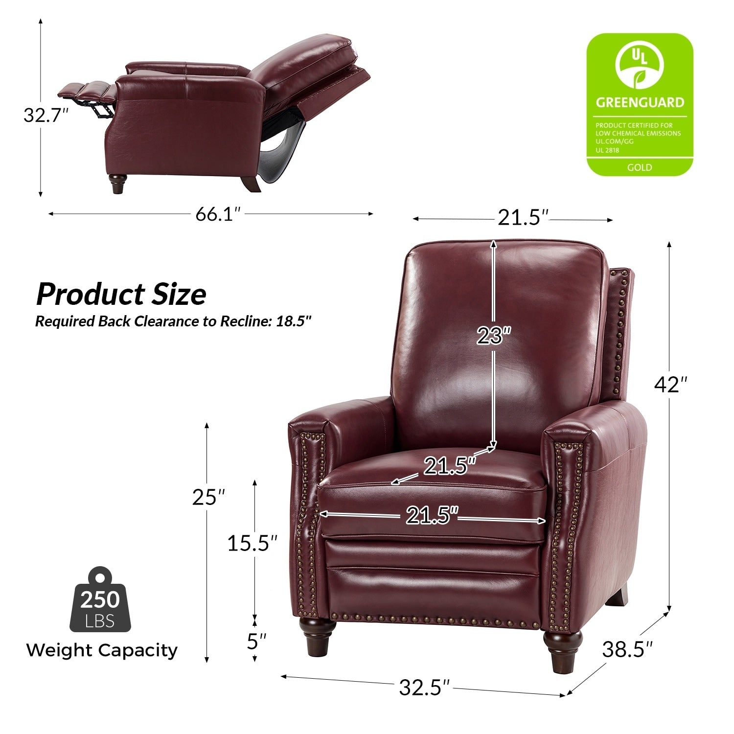 Fauteuil inclinable moderne en cuir véritable de style cigare avec garniture cloutée par HULALA HOME