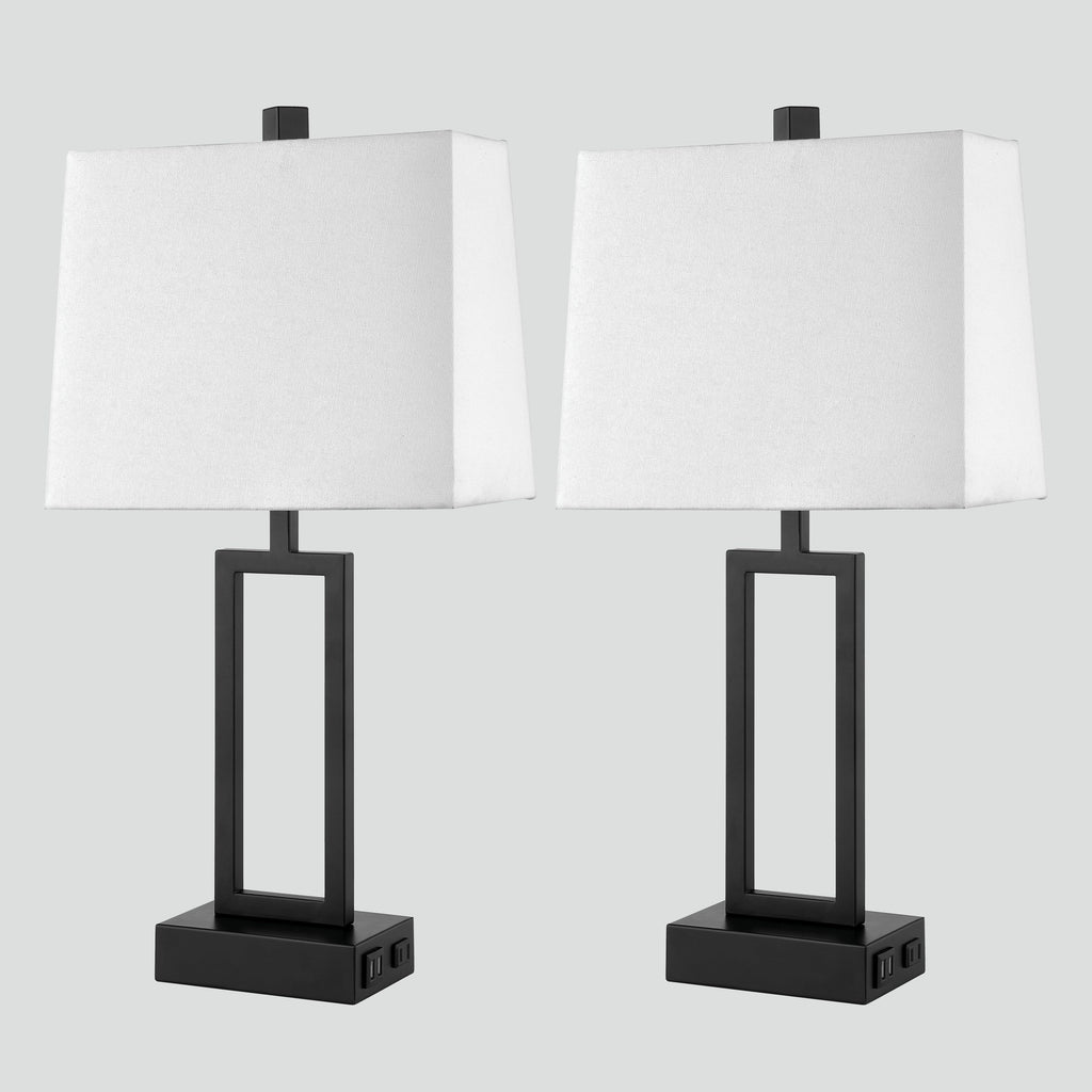 Lampe de table en métal noir avec abat-jour blanc style cadre de porte, deux ports de charge USB, prise secteur, abat-jour blanc (lot de 2)