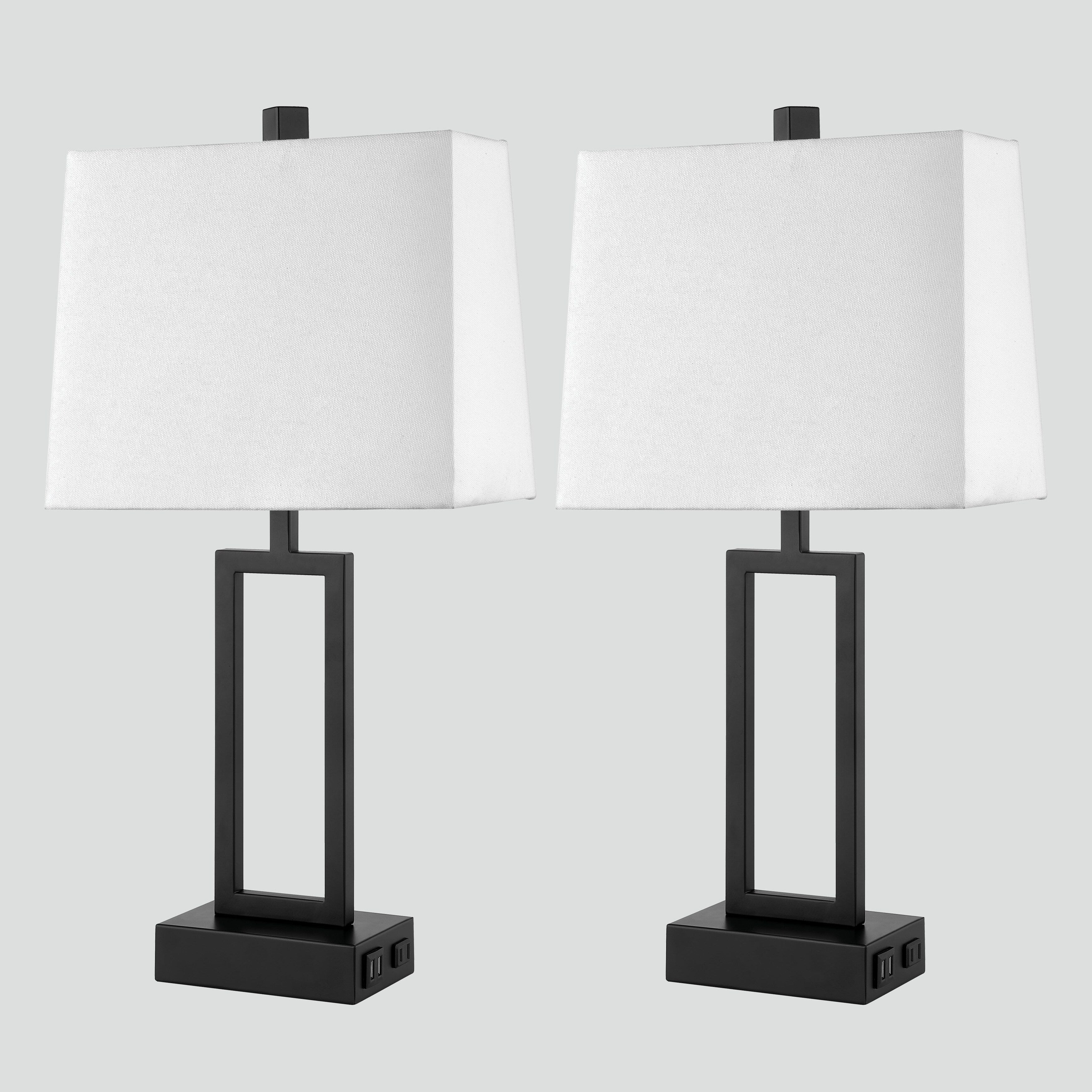 Lampe de table en métal noir avec abat-jour blanc style cadre de porte, deux ports de charge USB, prise secteur, abat-jour blanc (lot de 2)