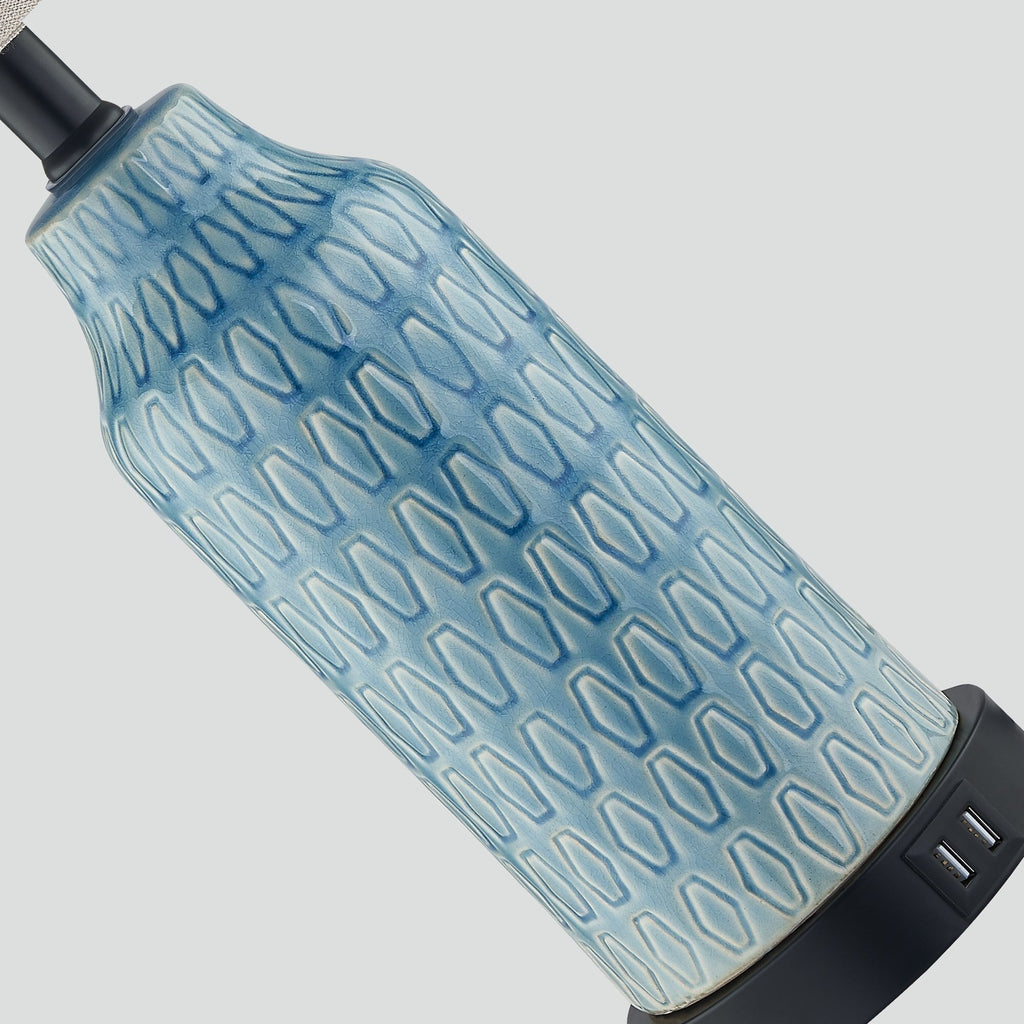 Lampe de table en céramique bleue avec variateur tactile à 3 positions et deux ports de charge USB (lot de 2) - 28 x 28 x 58 cm (L x l x H)