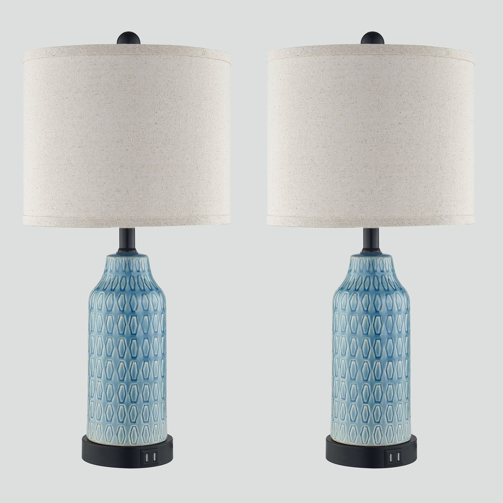 Lampe de table en céramique bleue avec variateur tactile à 3 positions et deux ports de charge USB (lot de 2) - 28 x 28 x 58 cm (L x l x H)