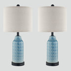 Lampe de table en céramique bleue avec variateur tactile à 3 positions et deux ports de charge USB (lot de 2) - 28 x 28 x 58 cm (L x l x H)