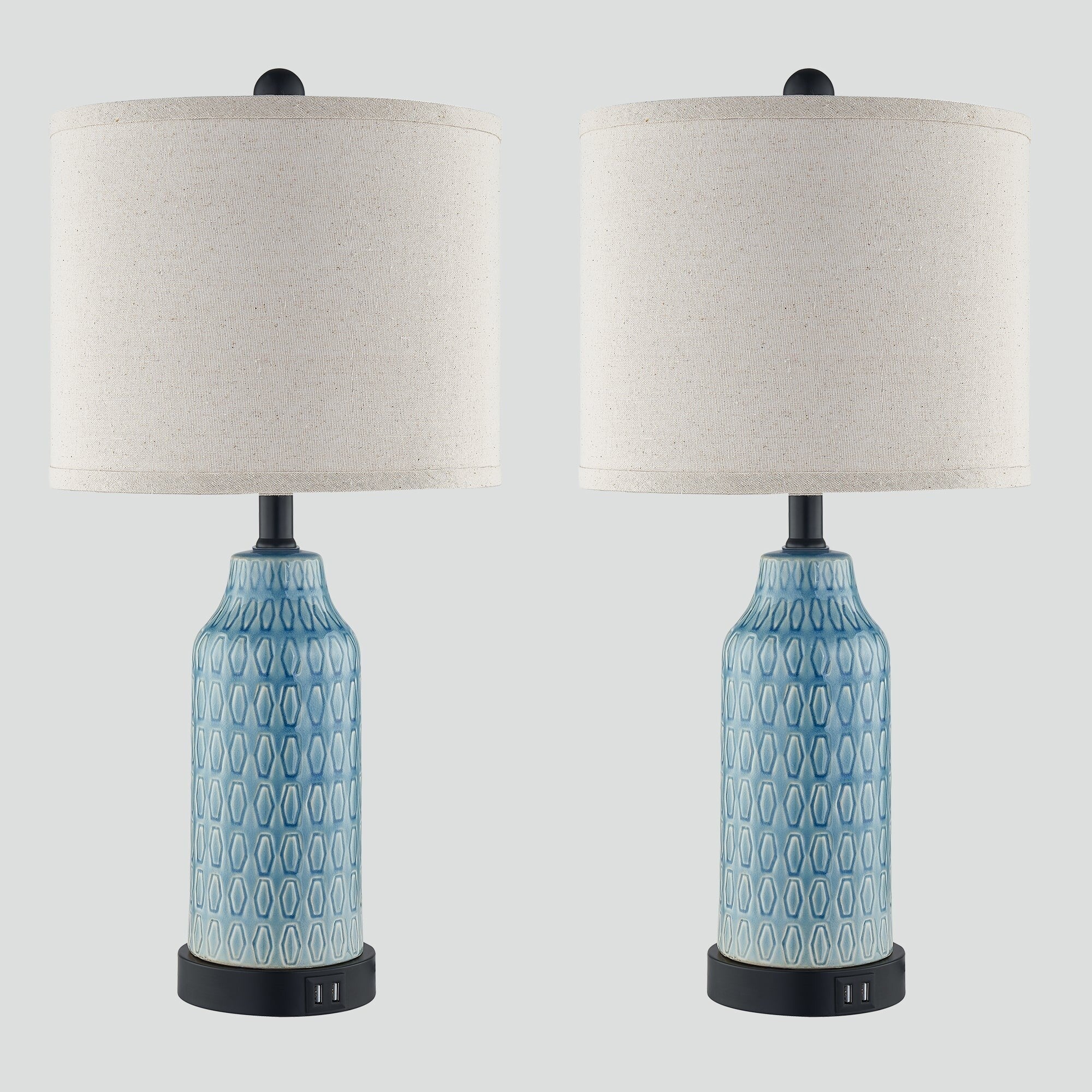 Lampe de table en céramique bleue avec variateur tactile à 3 positions et deux ports de charge USB (lot de 2) - 28 x 28 x 58 cm (L x l x H)