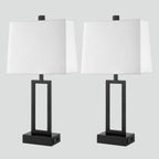 Lampe de table en métal noir avec abat-jour blanc style cadre de porte, deux ports de charge USB, prise secteur, abat-jour blanc (lot de 2)