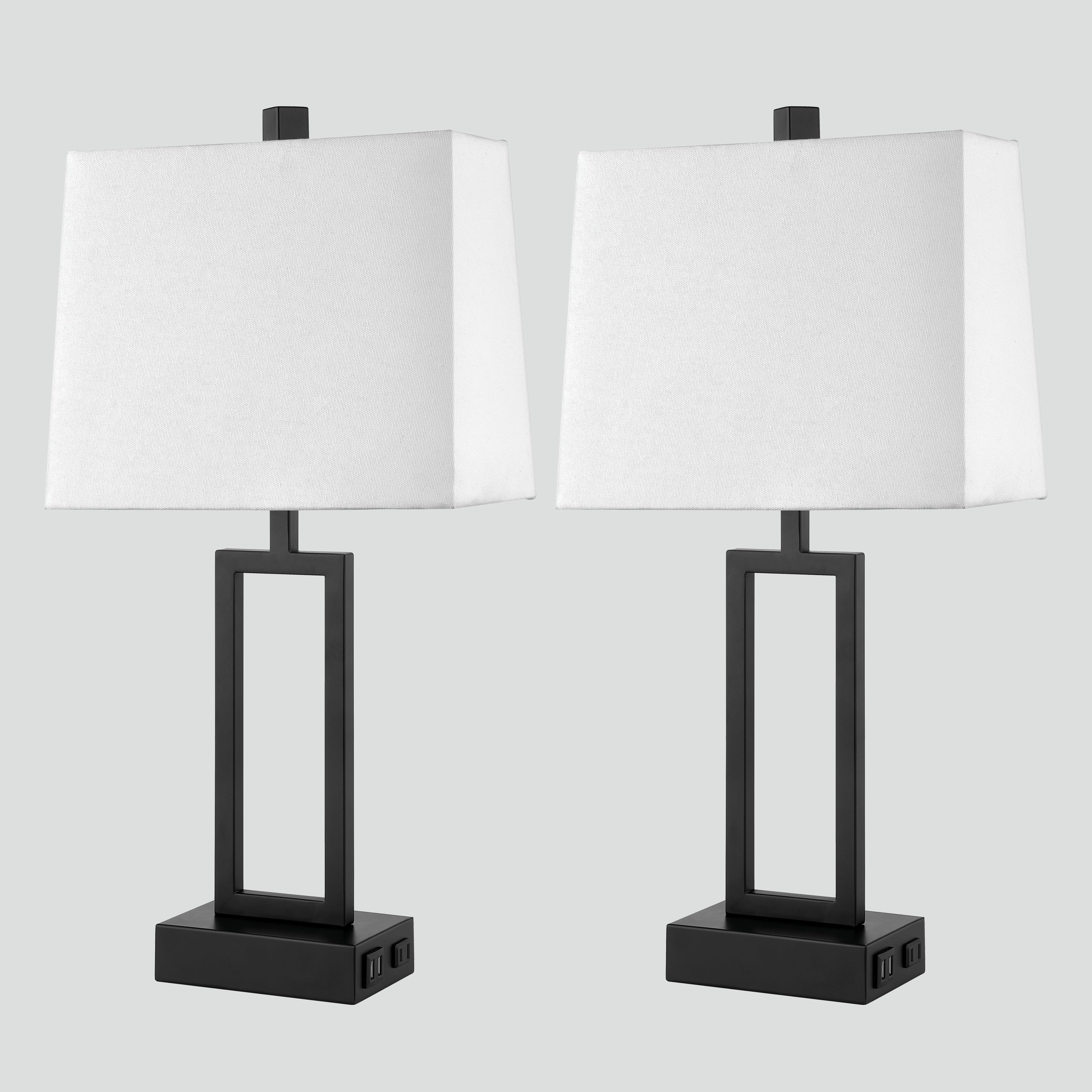 Lampe de table en métal noir avec abat-jour blanc style cadre de porte, deux ports de charge USB, prise secteur, abat-jour blanc (lot de 2)