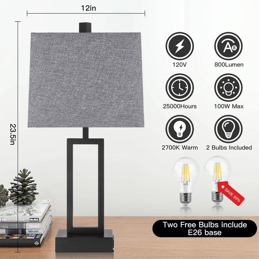 Lampe de table en métal noir avec variateur tactile et ports de charge (lot de 2) - 30,5 x 16,5 x 60 cm (L x l x H)