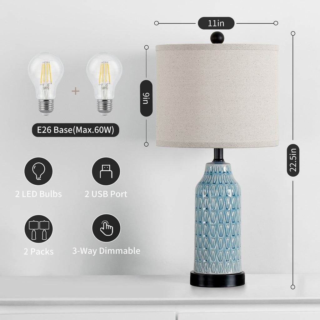 Lampe de table en céramique bleue avec variateur tactile à 3 positions et deux ports de charge USB (lot de 2) - 28 x 28 x 58 cm (L x l x H)