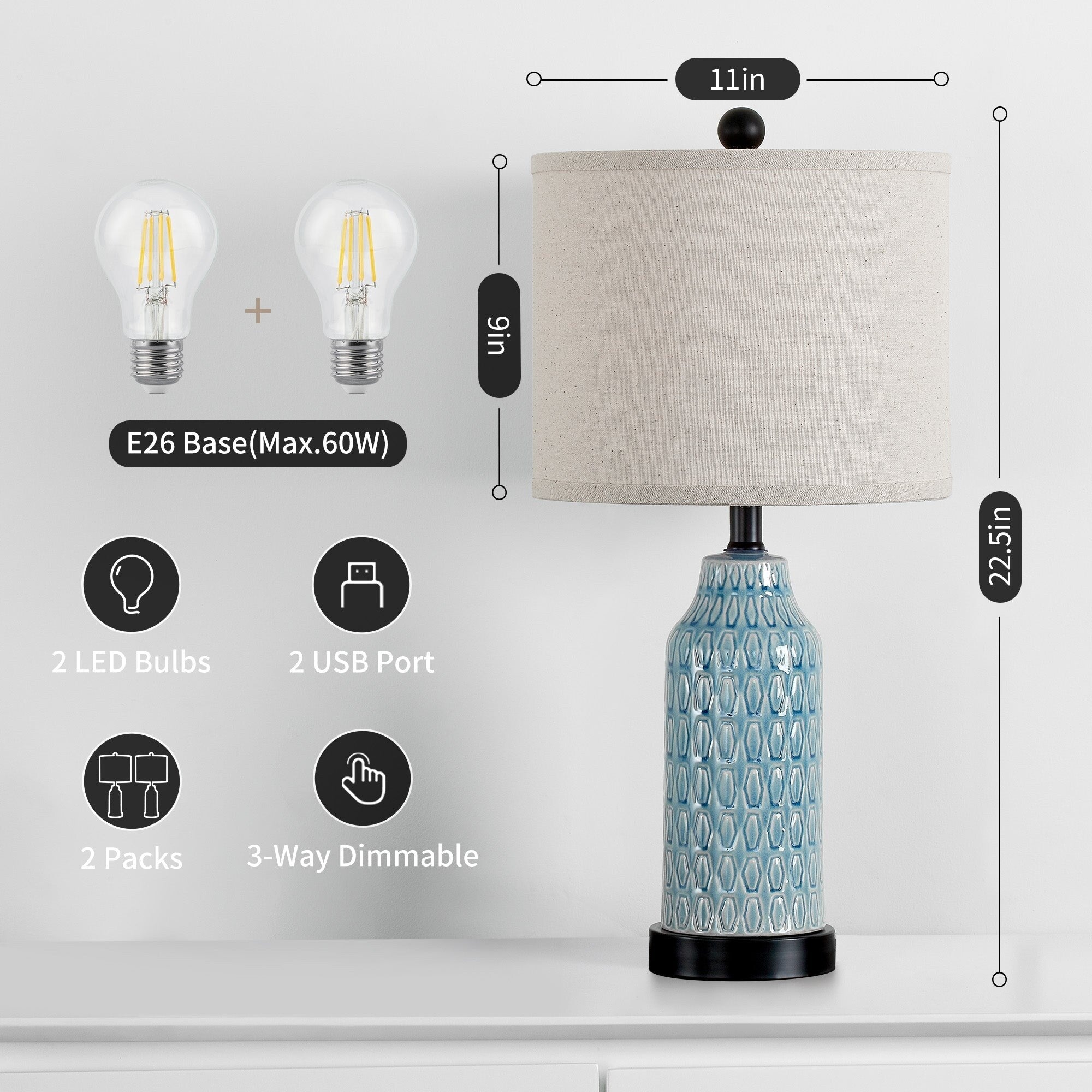 Lampe de table en céramique bleue avec variateur tactile à 3 positions et deux ports de charge USB (lot de 2) - 28 x 28 x 58 cm (L x l x H)