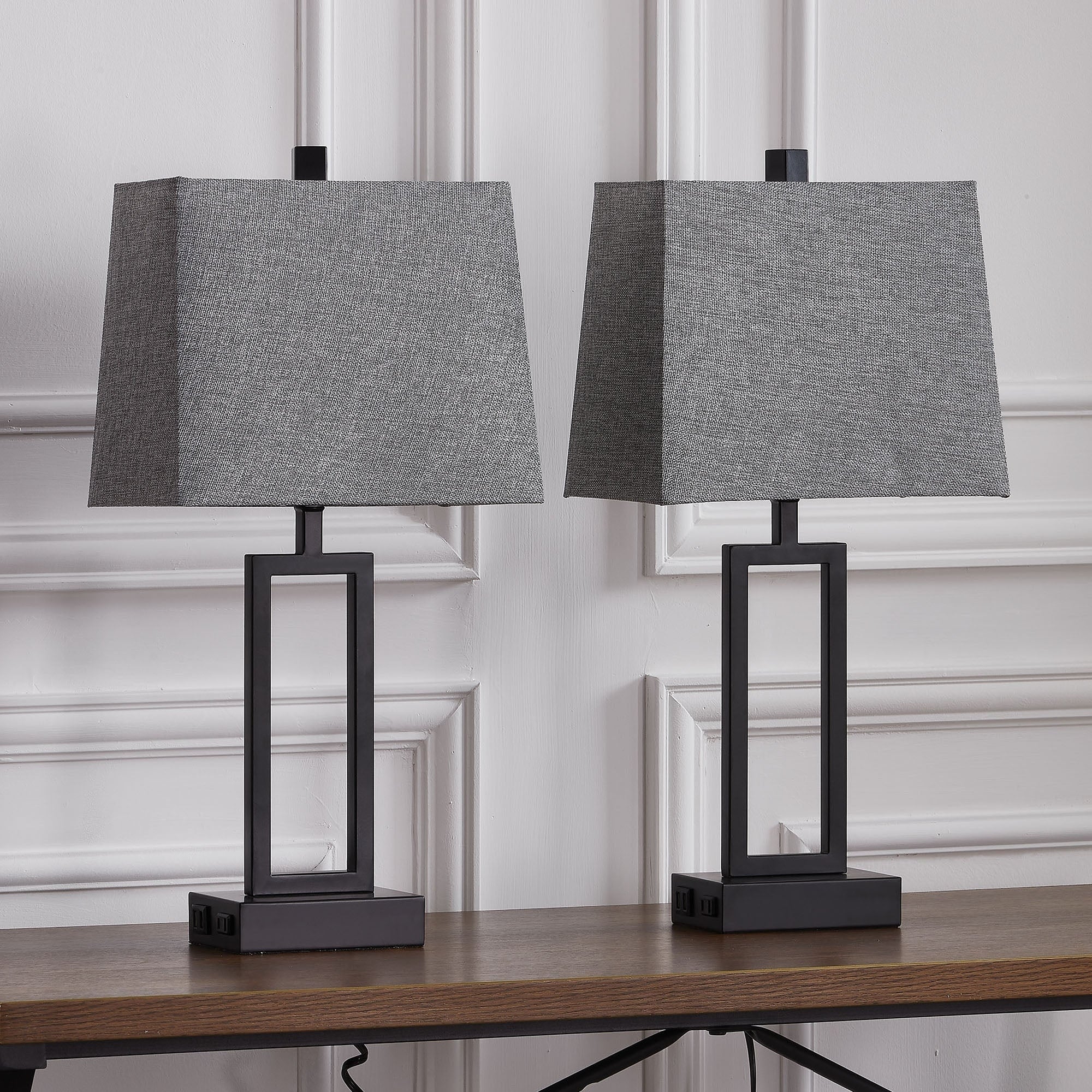 Lampe de table en métal noir avec variateur tactile et ports de charge (lot de 2) - 30,5 x 16,5 x 60 cm (L x l x H)