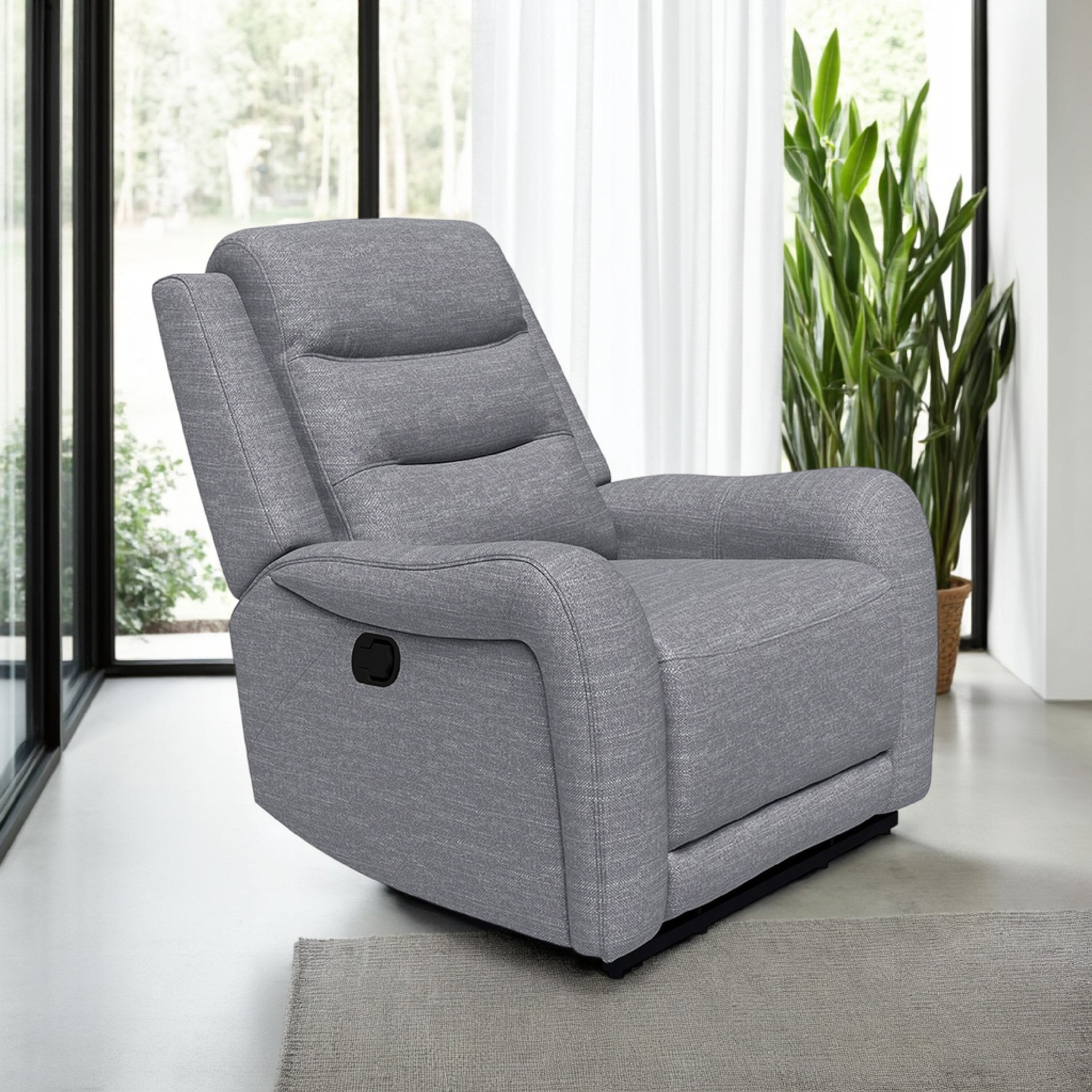 Fauteuil inclinable manuel Clair avec accoudoirs à volutes, structure en bois, tissu gris