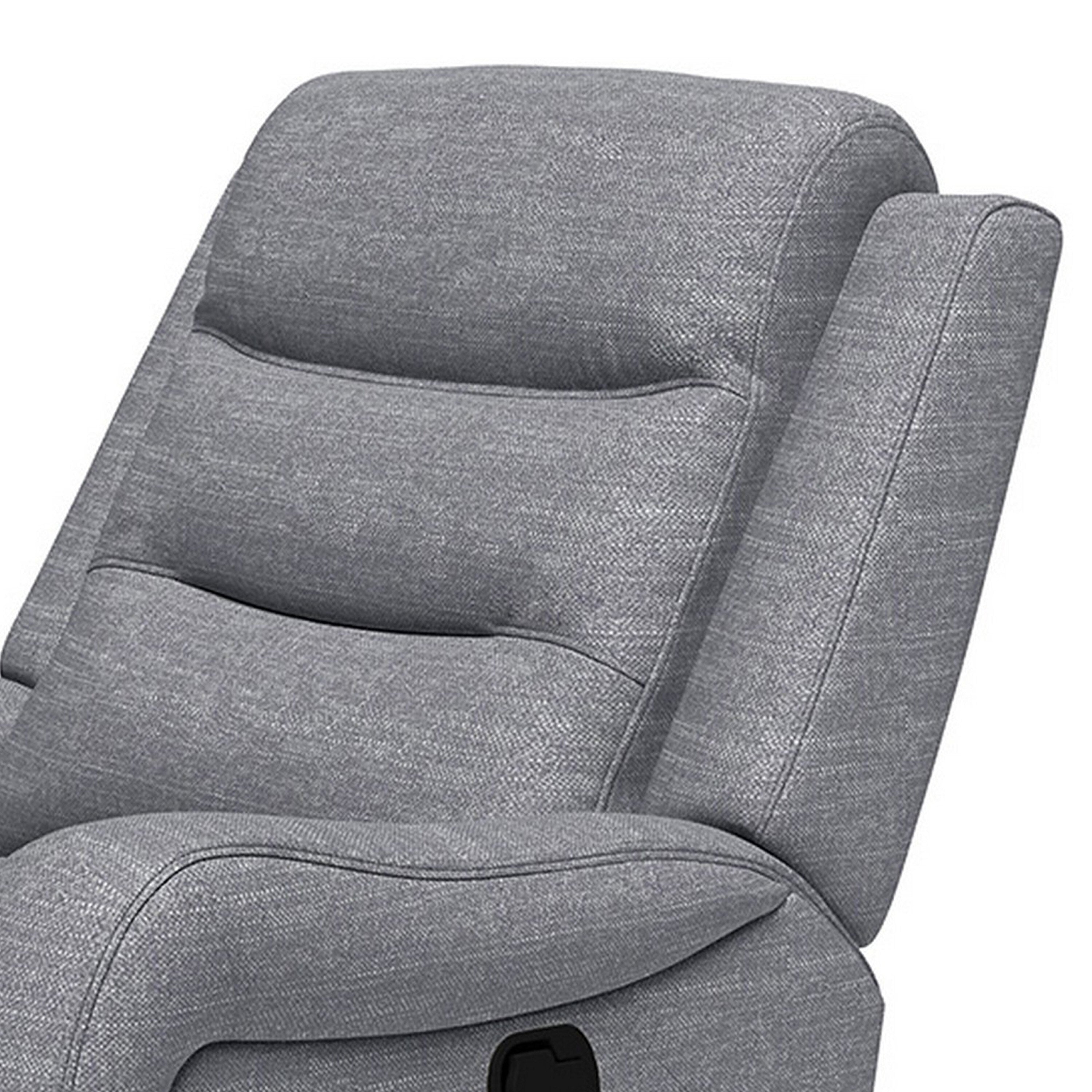 Fauteuil inclinable manuel Clair avec accoudoirs à volutes, structure en bois, tissu gris