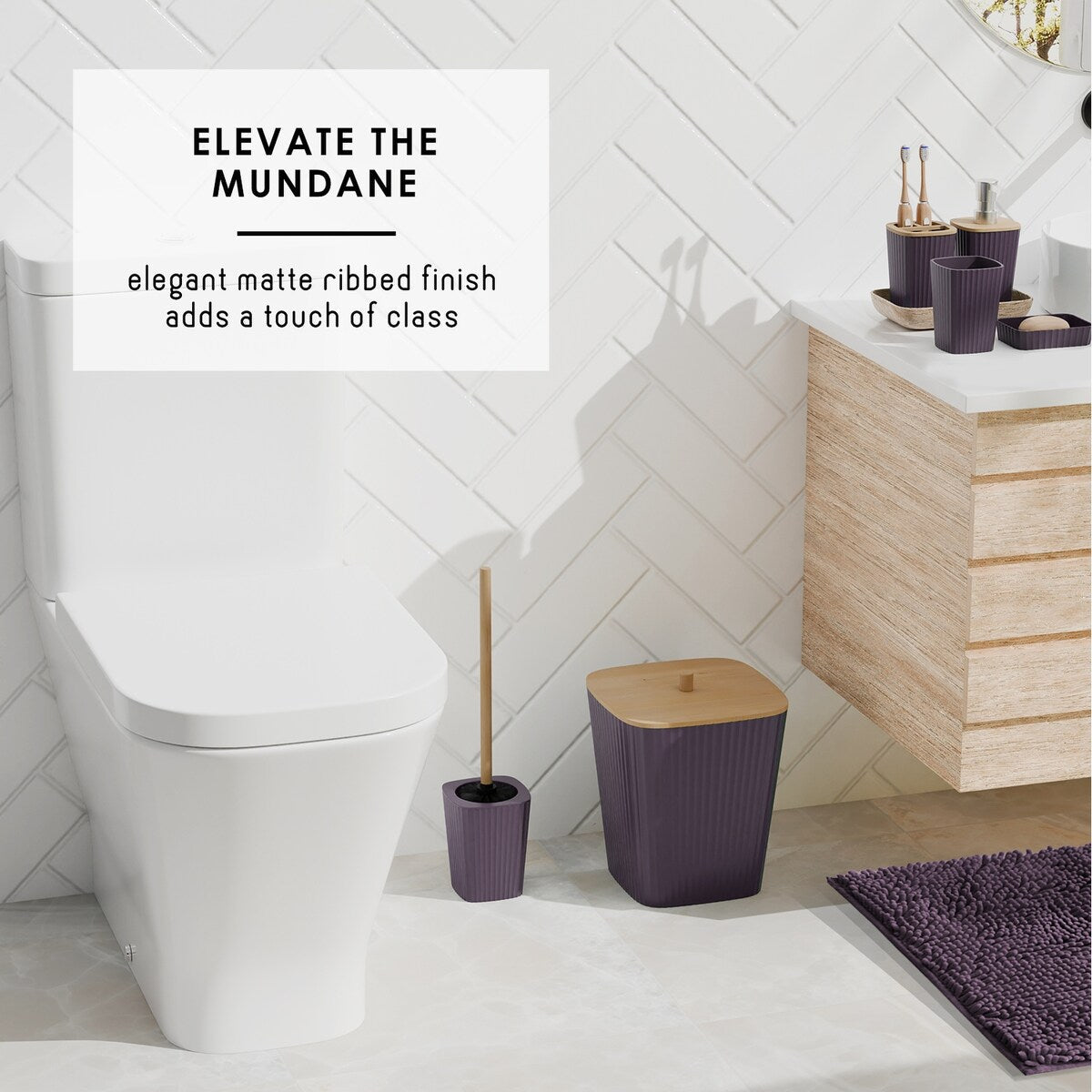 Ensemble d'accessoires de salle de bain en bambou Clara Clark avec rideau de douche, brosse de toilette, poubelle et distributeur de savon