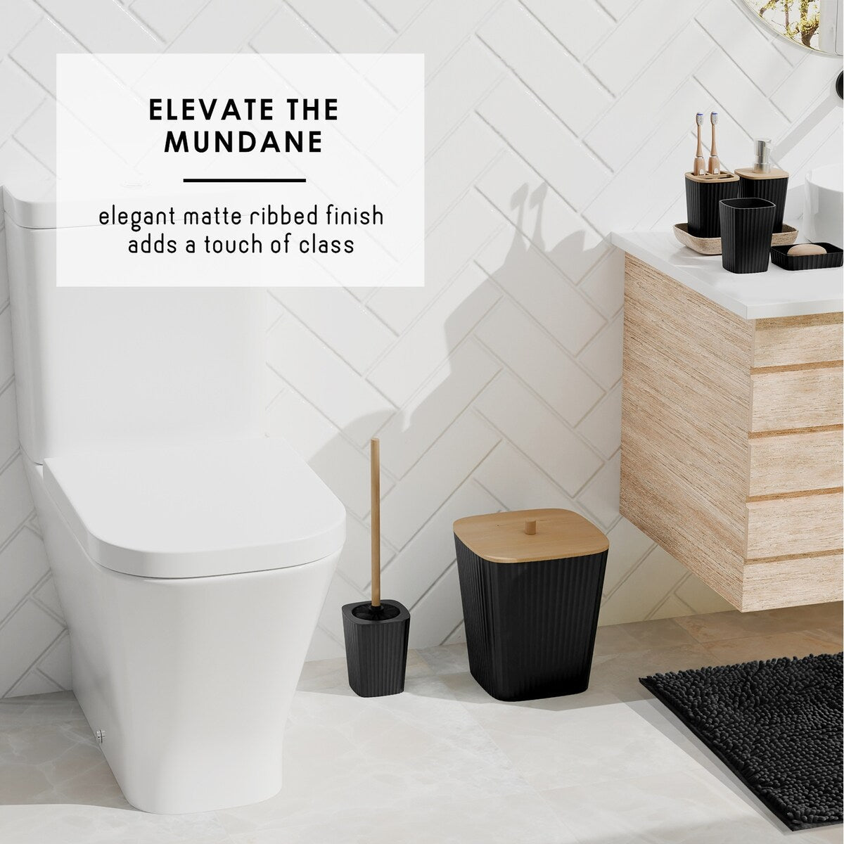 Ensemble d'accessoires de salle de bain en bambou Clara Clark avec rideau de douche, brosse de toilette, poubelle et distributeur de savon