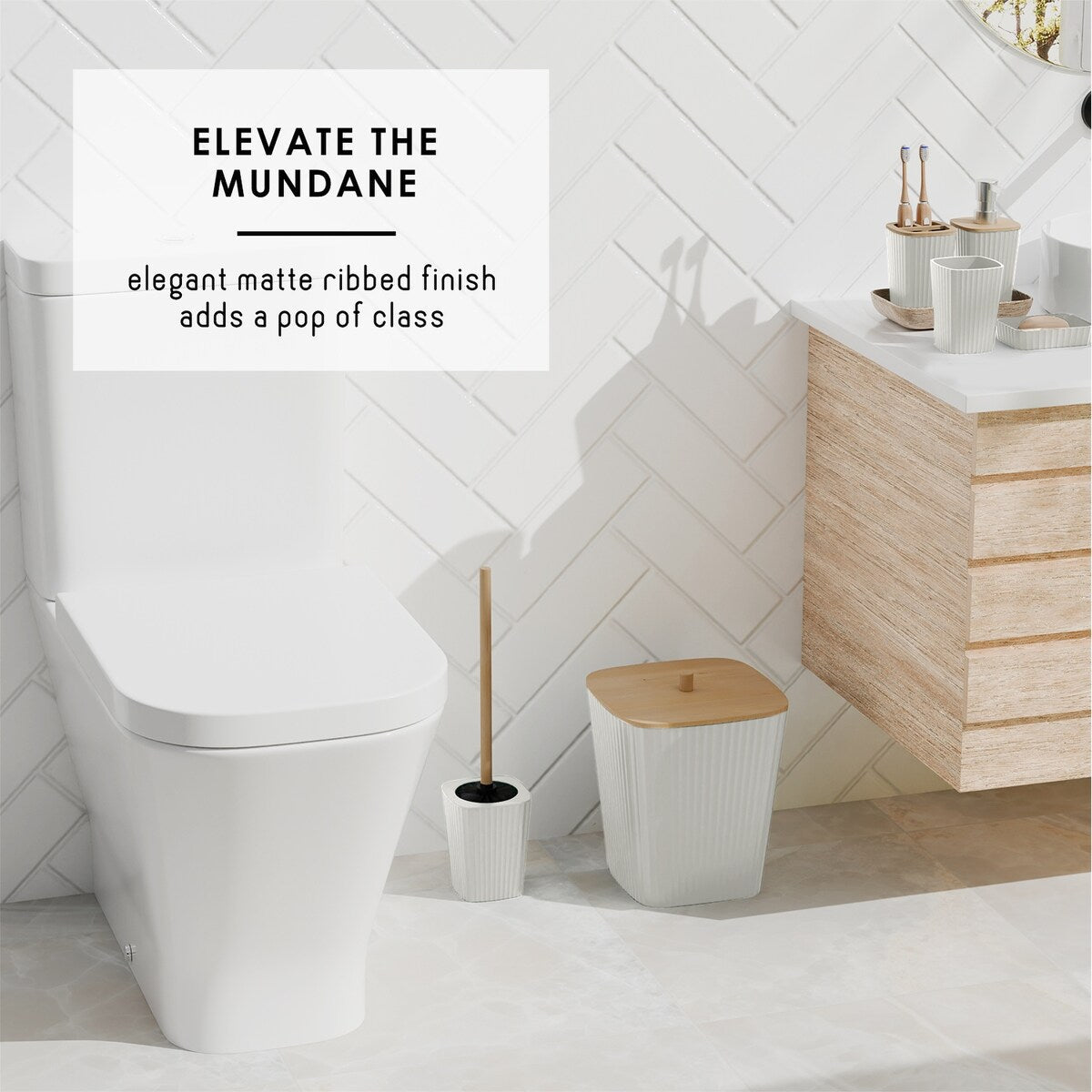 Ensemble d'accessoires de salle de bain en bambou Clara Clark avec rideau de douche, brosse de toilette, poubelle et distributeur de savon