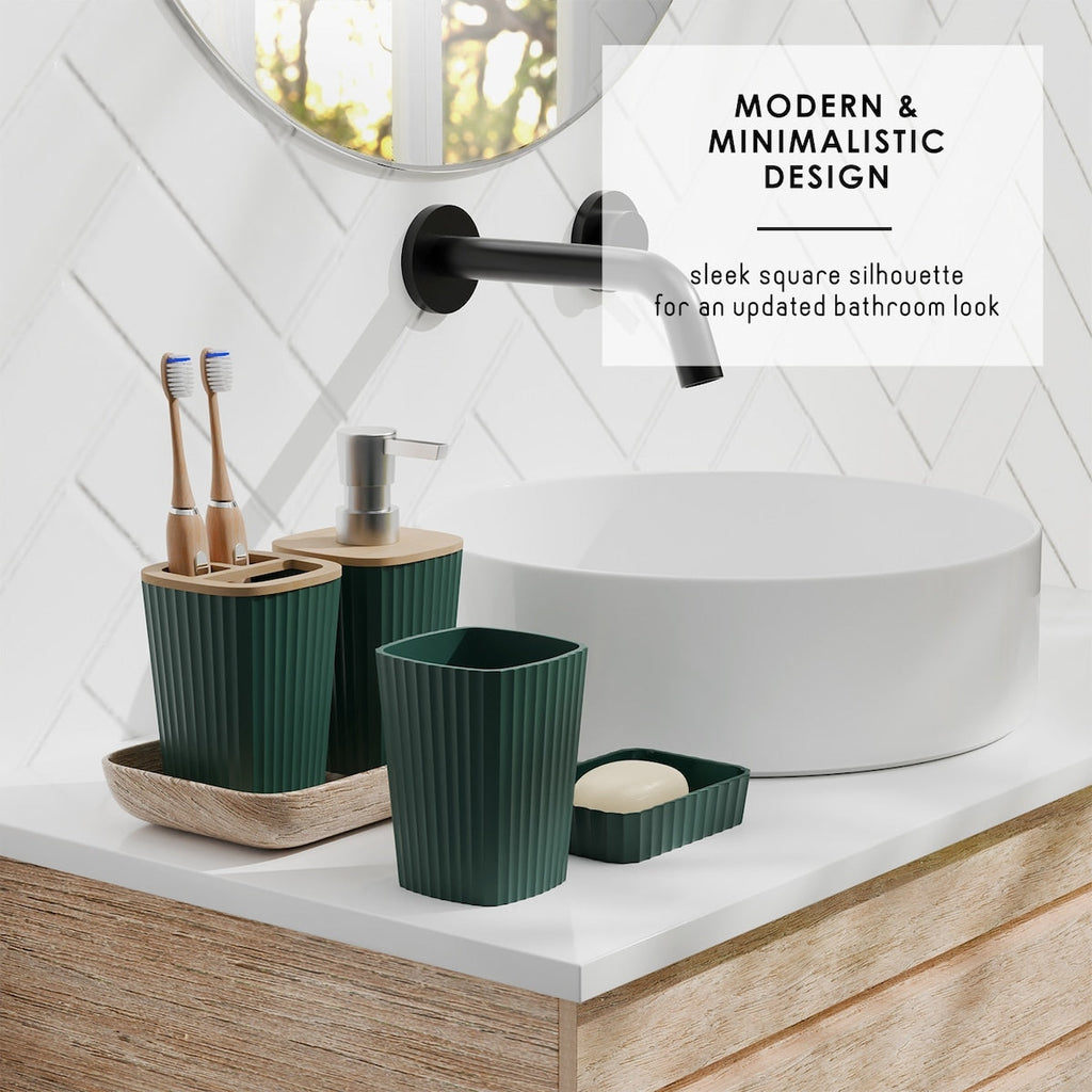 Ensemble d'accessoires de salle de bain en bambou Clara Clark avec rideau de douche, brosse de toilette, poubelle et distributeur de savon