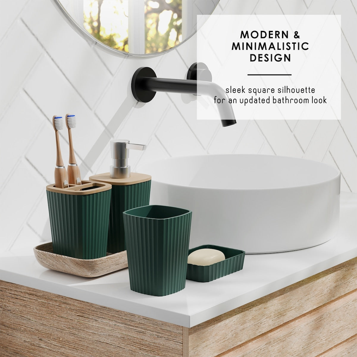 Ensemble d'accessoires de salle de bain en bambou Clara Clark avec rideau de douche, brosse de toilette, poubelle et distributeur de savon