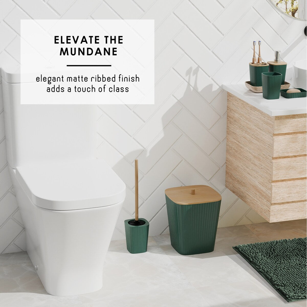 Ensemble d'accessoires de salle de bain en bambou Clara Clark avec rideau de douche, brosse de toilette, poubelle et distributeur de savon