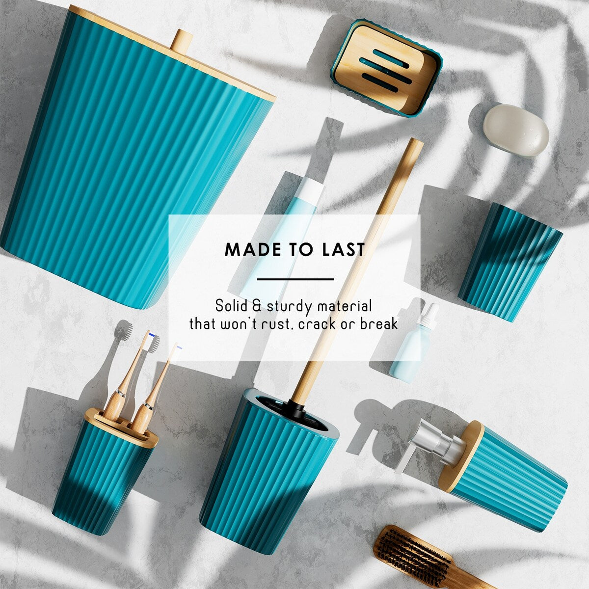 Ensemble d'accessoires de salle de bain en bambou Clara Clark avec rideau de douche, brosse de toilette, poubelle et distributeur de savon