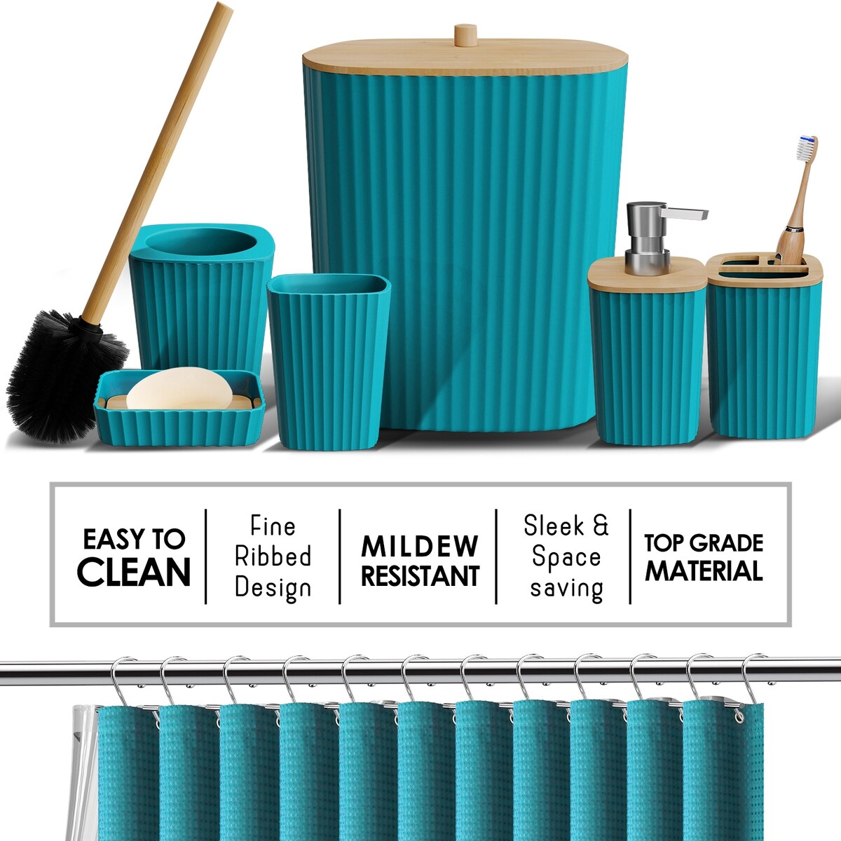 Ensemble d'accessoires de salle de bain en bambou Clara Clark avec rideau de douche, brosse de toilette, poubelle et distributeur de savon