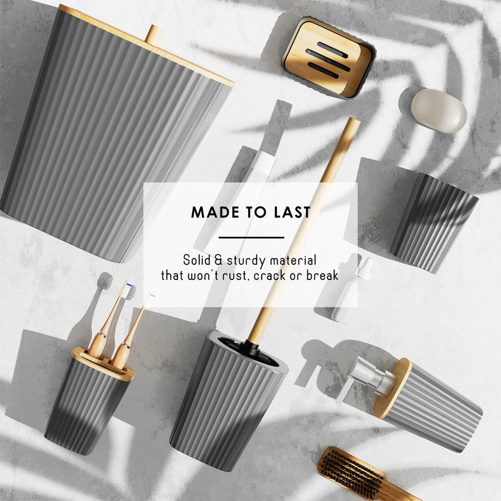 Ensemble d'accessoires de salle de bain en bambou Clara Clark avec rideau de douche, brosse de toilette, poubelle et distributeur de savon