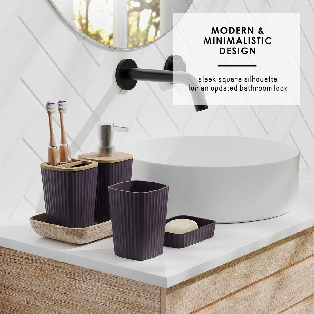 Ensemble d'accessoires de salle de bain en bambou Clara Clark avec rideau de douche, brosse de toilette, poubelle et distributeur de savon