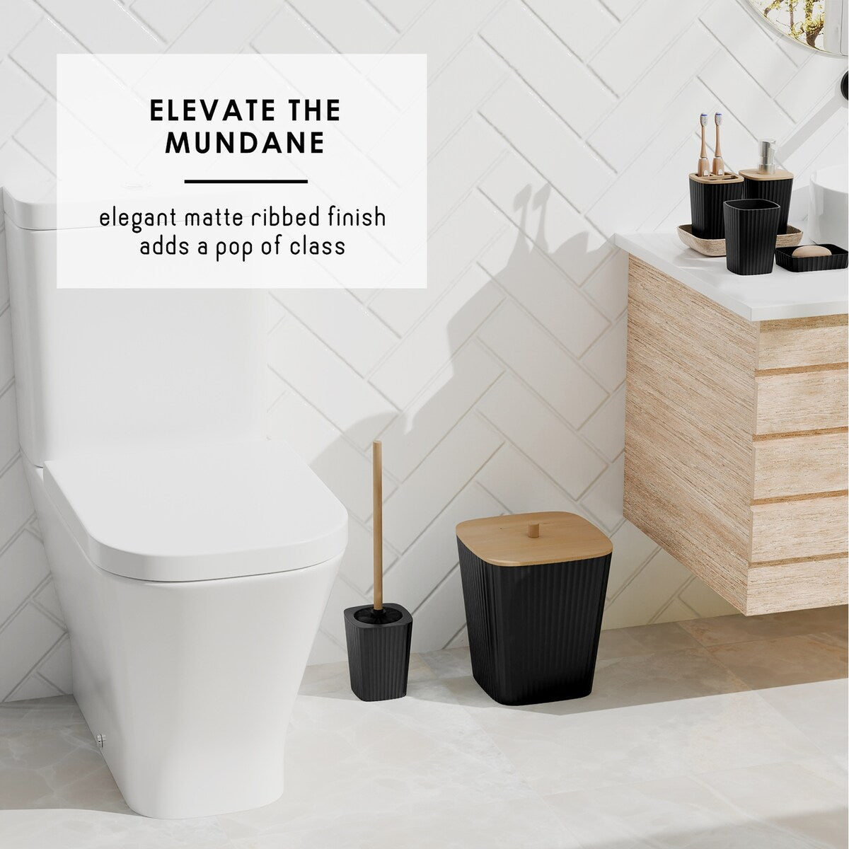 Ensemble d'accessoires de salle de bain en bambou Clara Clark avec rideau de douche, brosse de toilette, poubelle et distributeur de savon