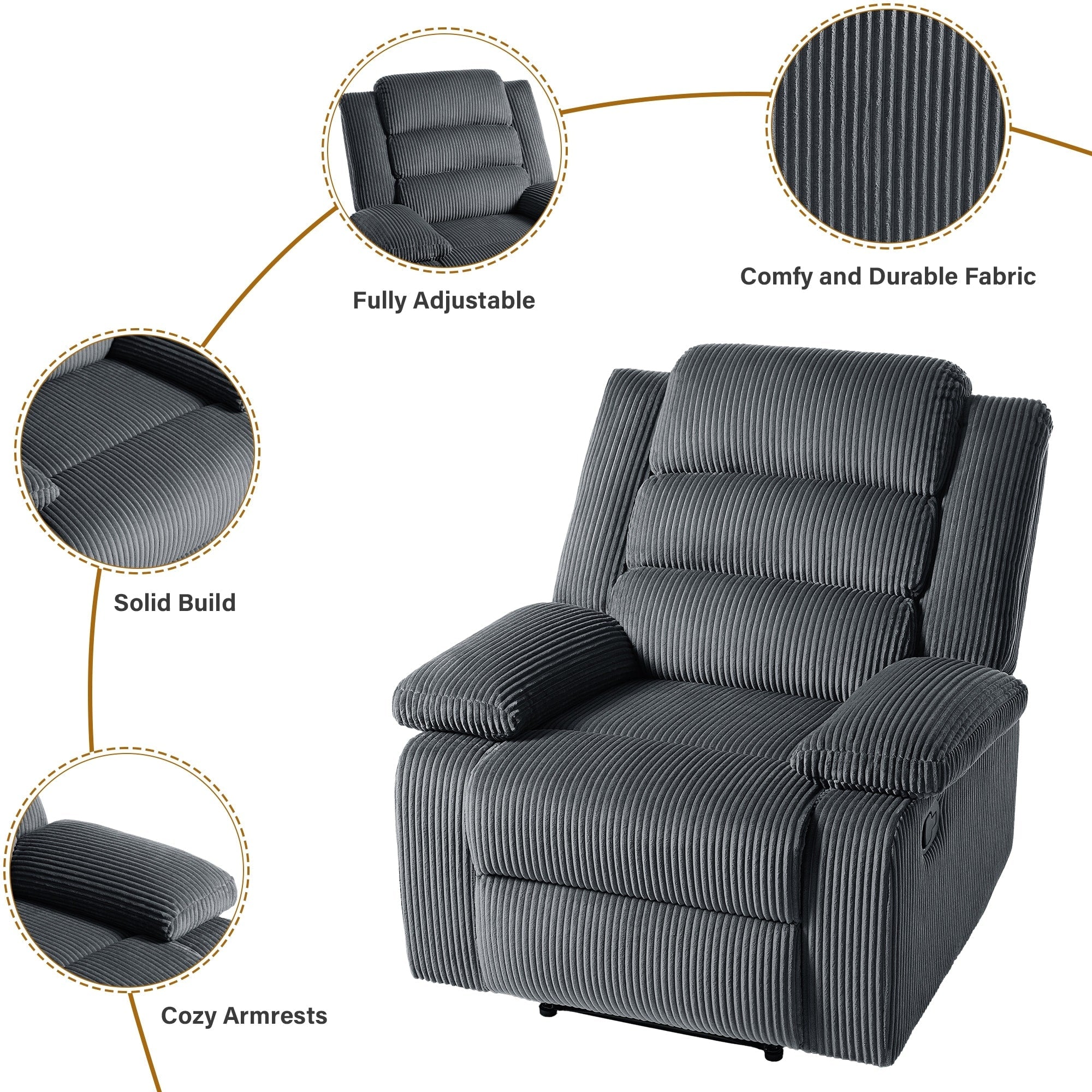 Fauteuil inclinable manuel classique rembourré en velours côtelé