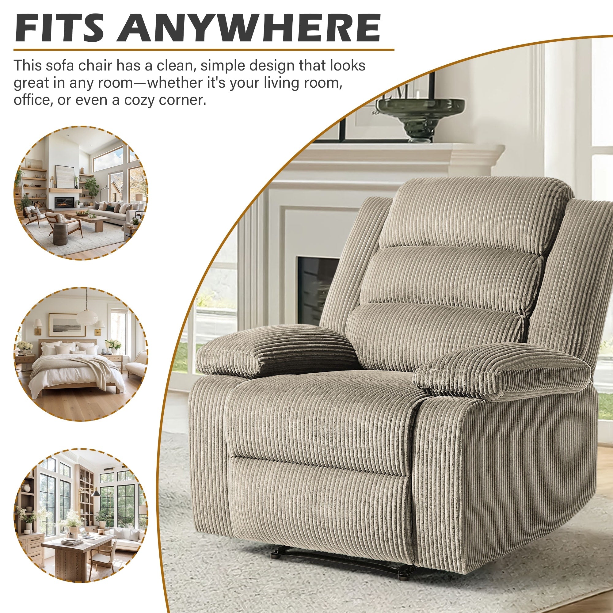 Fauteuil inclinable manuel classique rembourré en velours côtelé