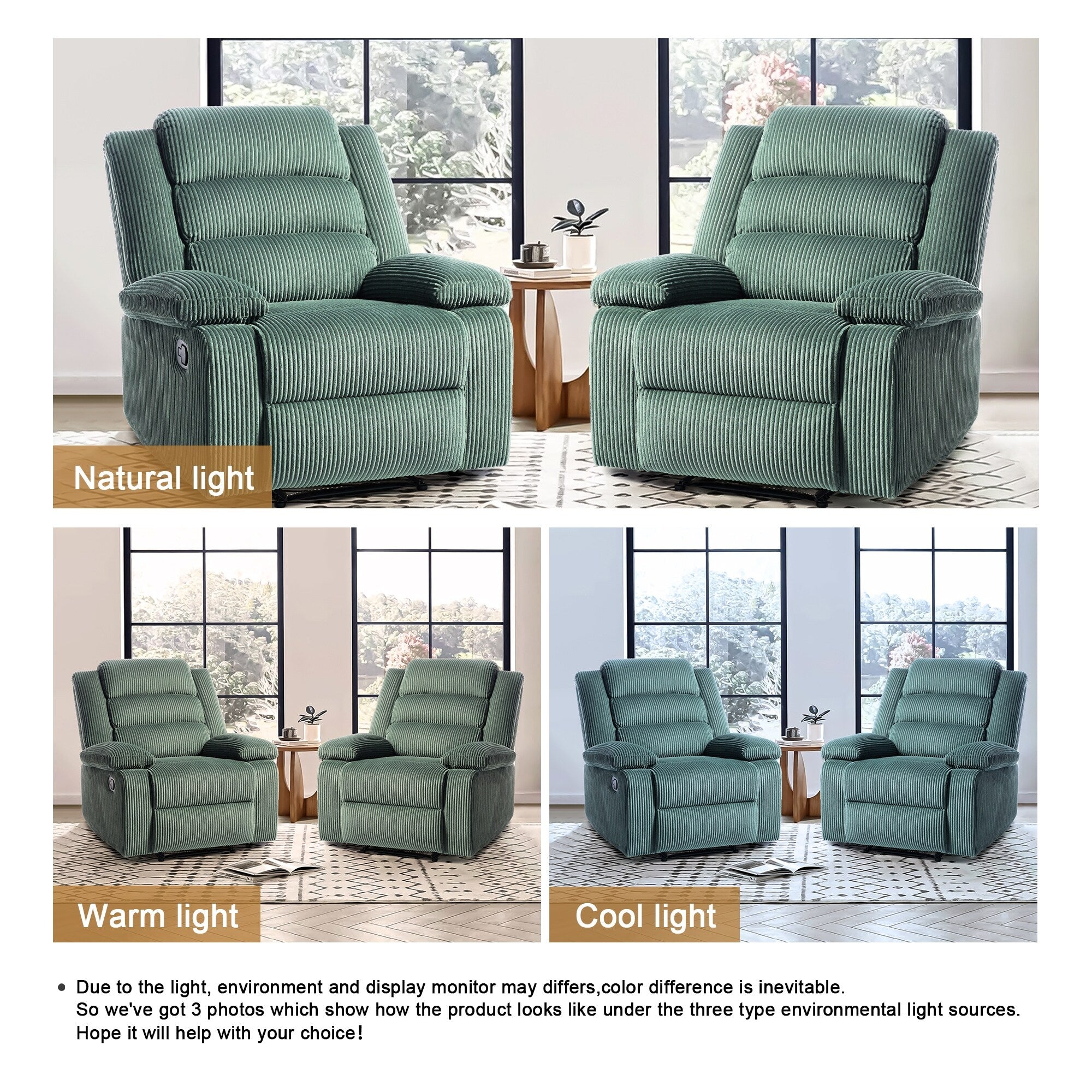 Fauteuil inclinable manuel classique rembourré en velours côtelé (lot de 2)