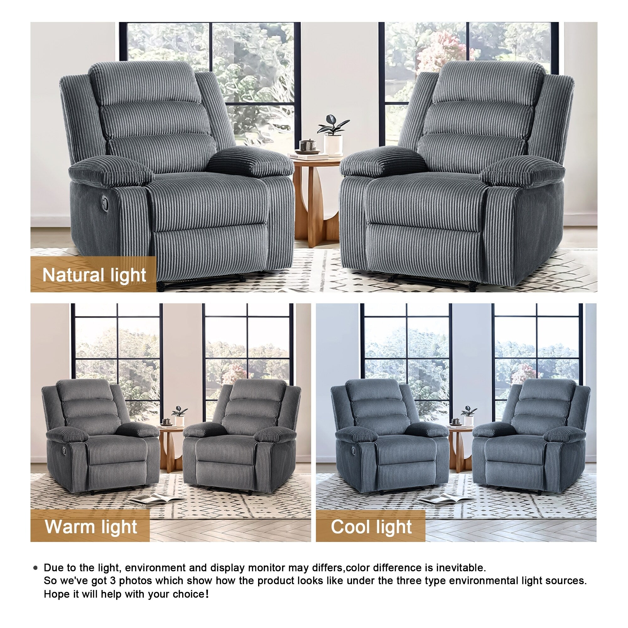 Fauteuil inclinable manuel classique rembourré en velours côtelé (lot de 2)