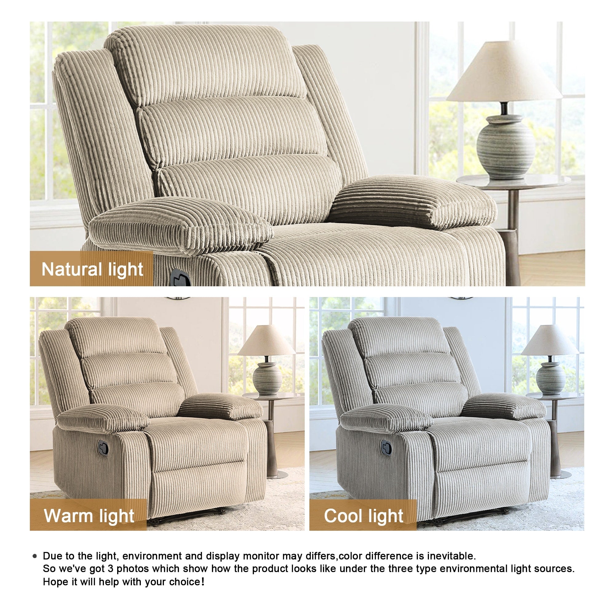 Fauteuil inclinable manuel classique rembourré en velours côtelé