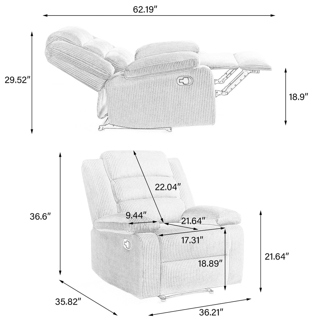 Fauteuil inclinable manuel classique rembourré en velours côtelé