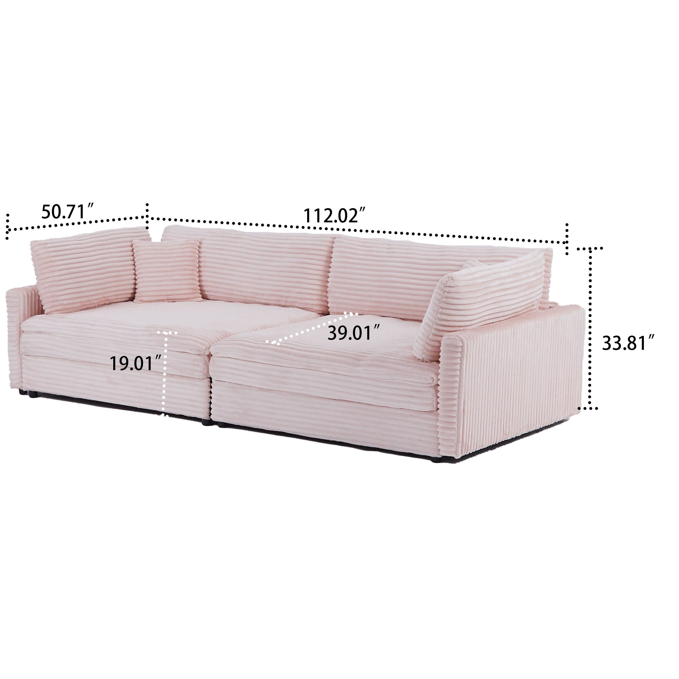 Canapé trois places classique et élégant en velours côtelé avec deux coussins décoratifs