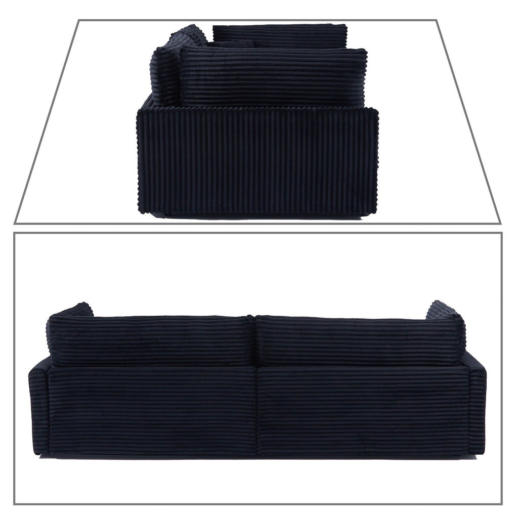 Canapé trois places classique et élégant en velours côtelé avec deux coussins décoratifs