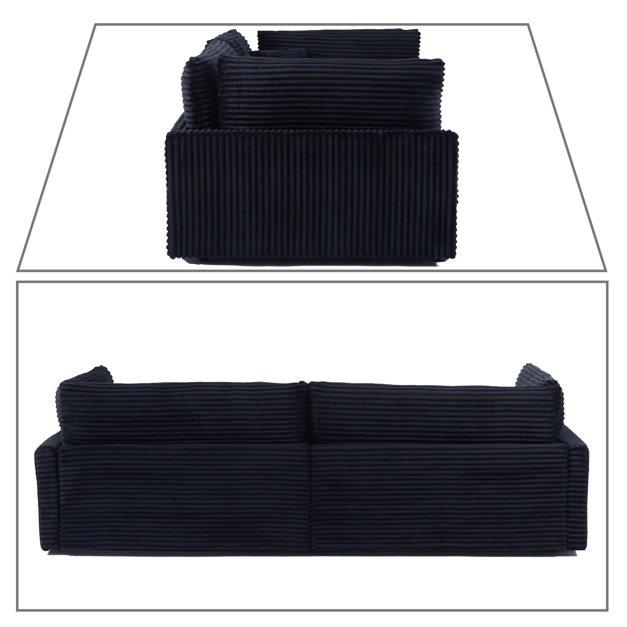 Canapé trois places classique et élégant en velours côtelé avec deux coussins décoratifs